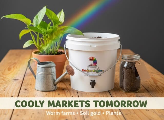 Rainbow Wrigglers worm farm bucket with tap on a timber bench